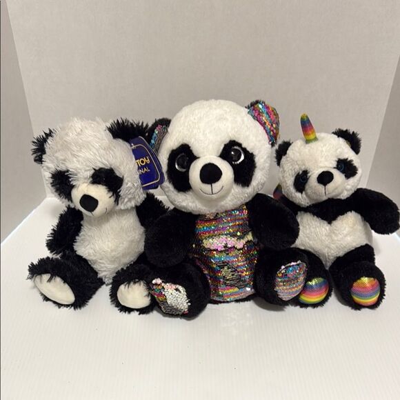 3 piece bundle Colorful Panda Plush Toy Set stuffed animal teddy bears - Picture 1 of 3